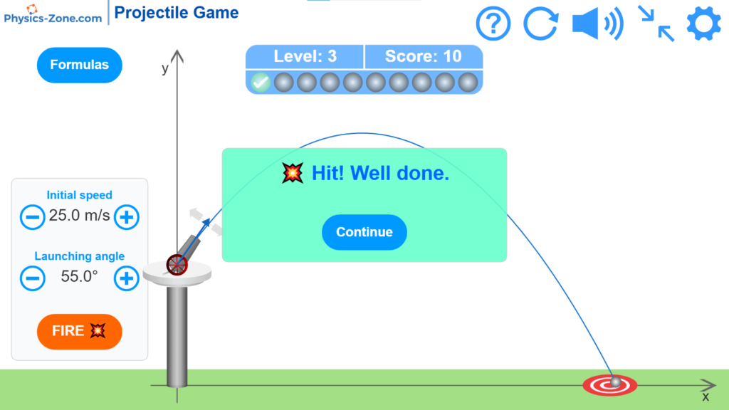Projectile Game simulation – measure the target, apply projectile motion equations, and set the launch angle and initial velocity