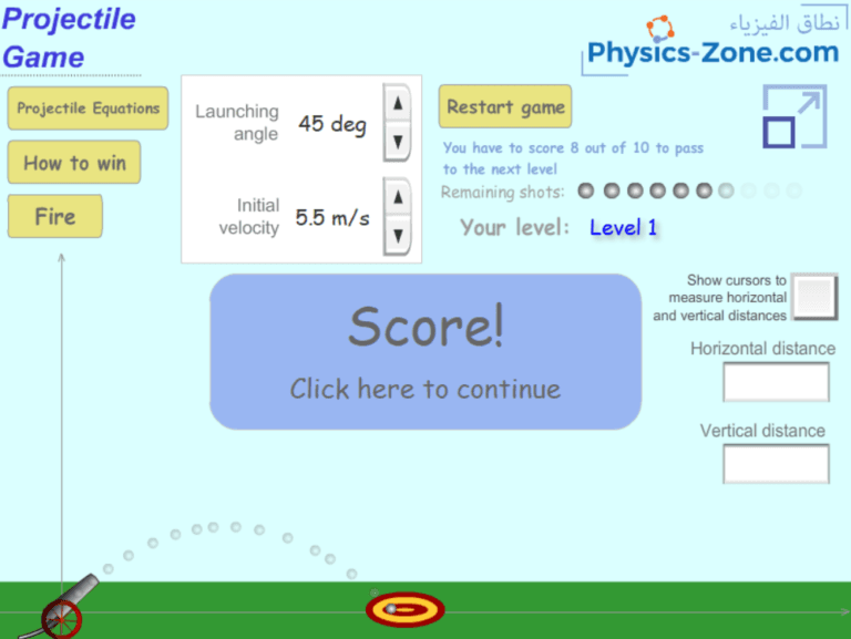 Projectile Game simulation — apply projectile motion equations to hit targets, adjust launching angle and initial velocity