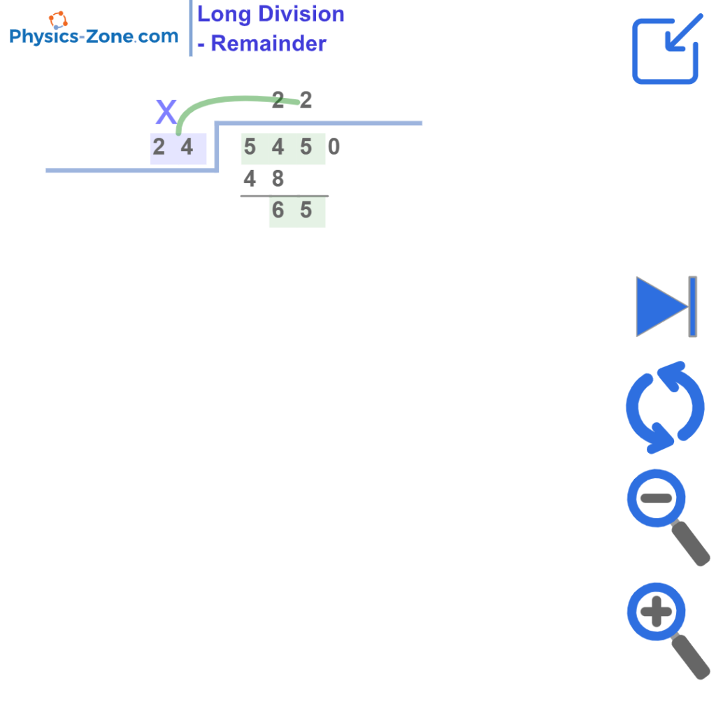 Step-by-step long division simulation showing remainder calculation process for elementary math practice