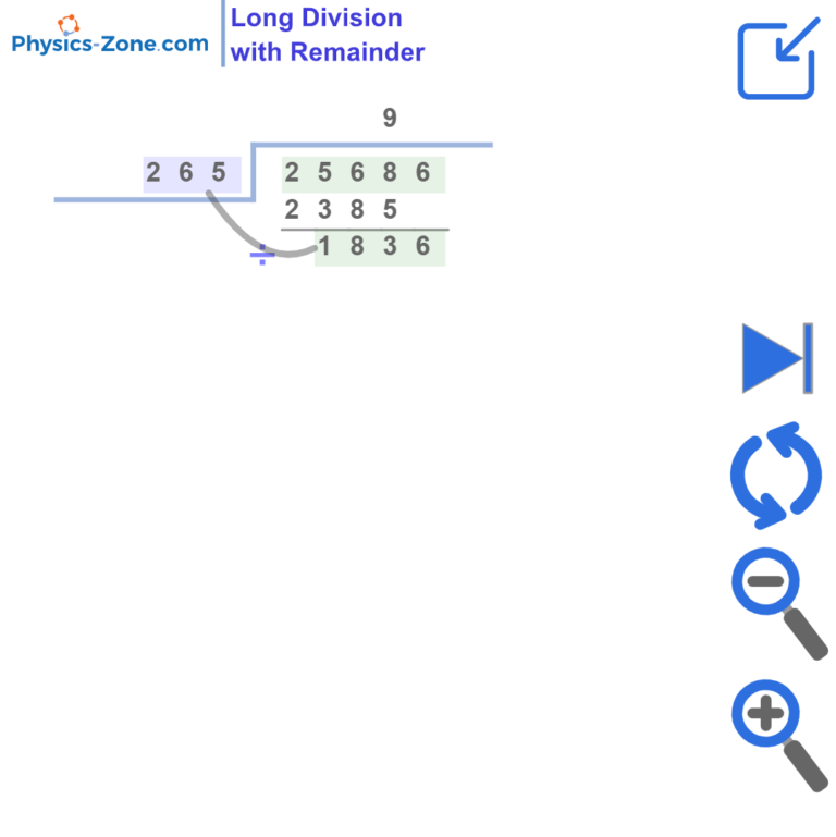 Step-by-step long division simulation showing remainder calculation process for elementary math practice